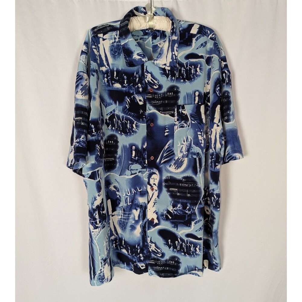 Boff Button Down 3XL Men's Blue Artwork Jazz Music Musician Button Short Sleeve